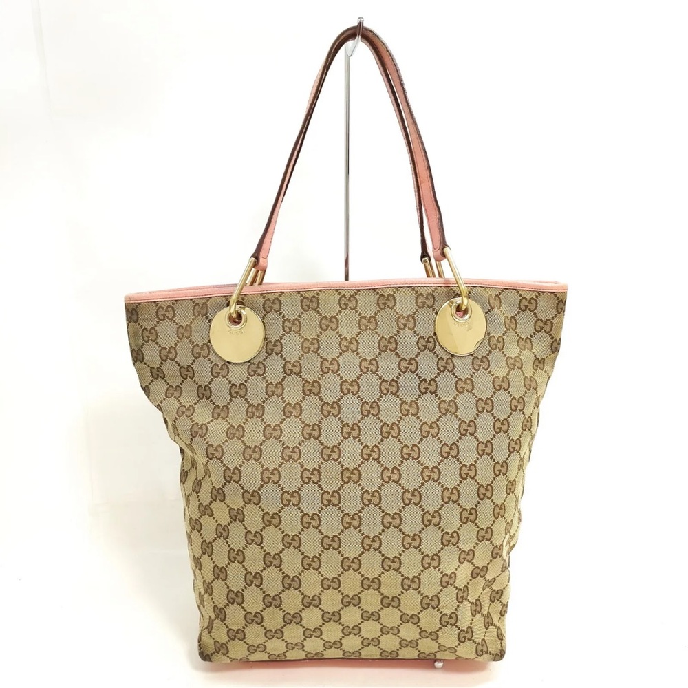 Gucci Tote Bag  Brown Canvas Pink Leather Trim